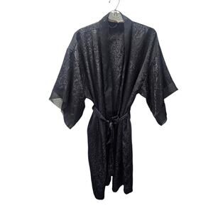 Vtg Cacique Women’s Lingerie Small Black Paisley Tie Belt Satin Boudoir Robe